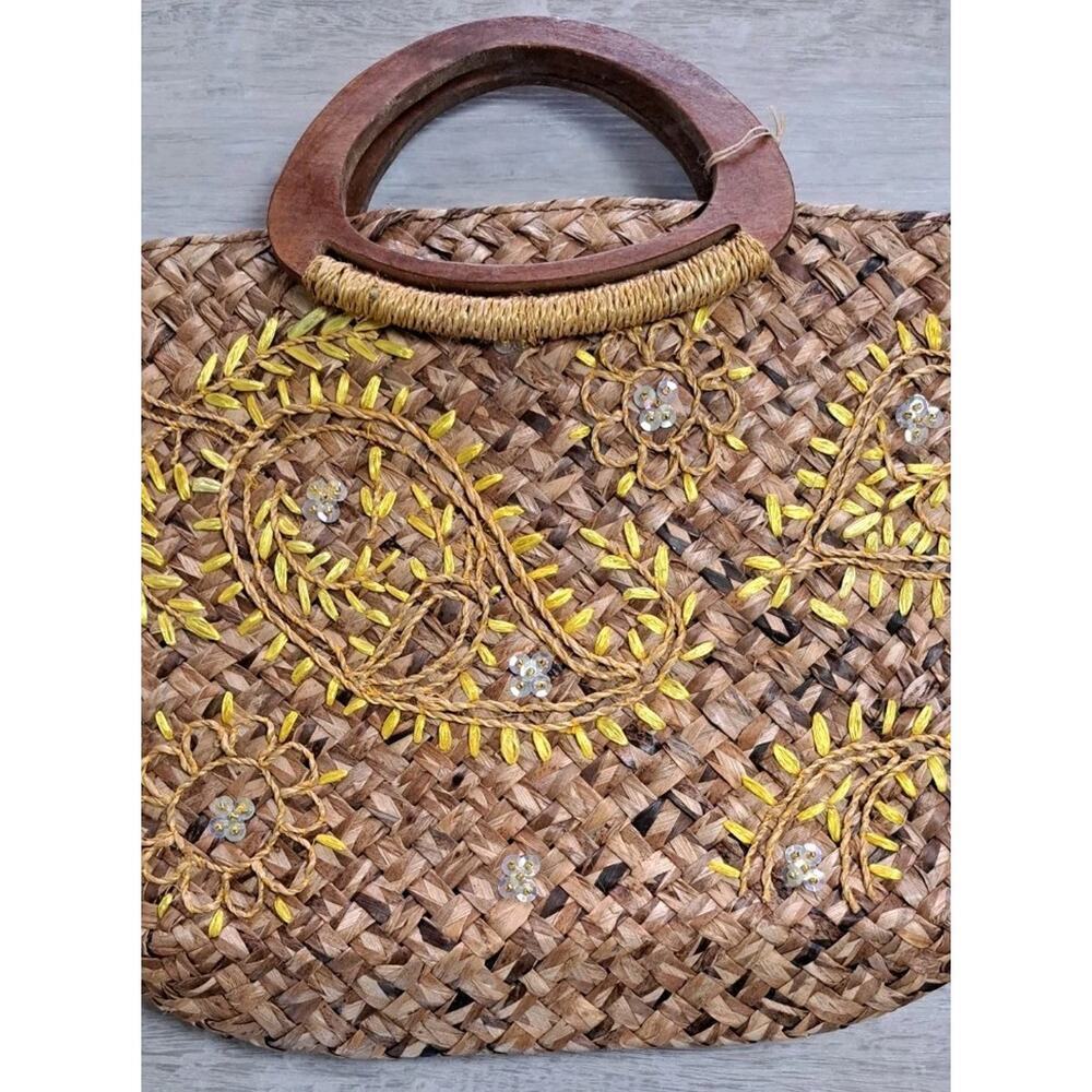 VTG Tommy Bahama Raffia Wooden Handbag Tote Embellished Beach Boho Sequin NWT - Picture 3 of 12